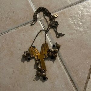 Antique Brass Cross Pendant Necklace with Bead Accents